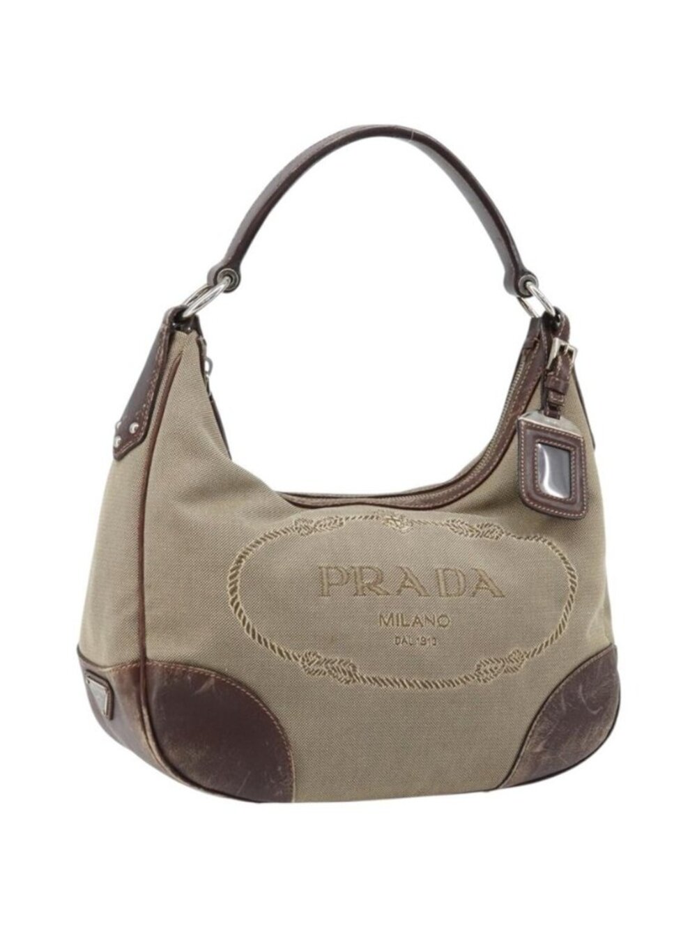 Authentic PRADA Shoulder Bag Canvas Beige Silver